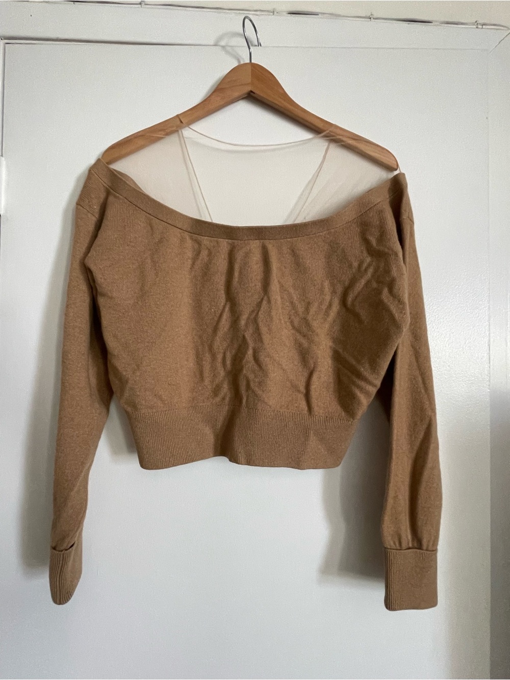 Alexander Wang camel Illusion Off-Shoulder Cropped Knit Sweater - Picture 10 of 10